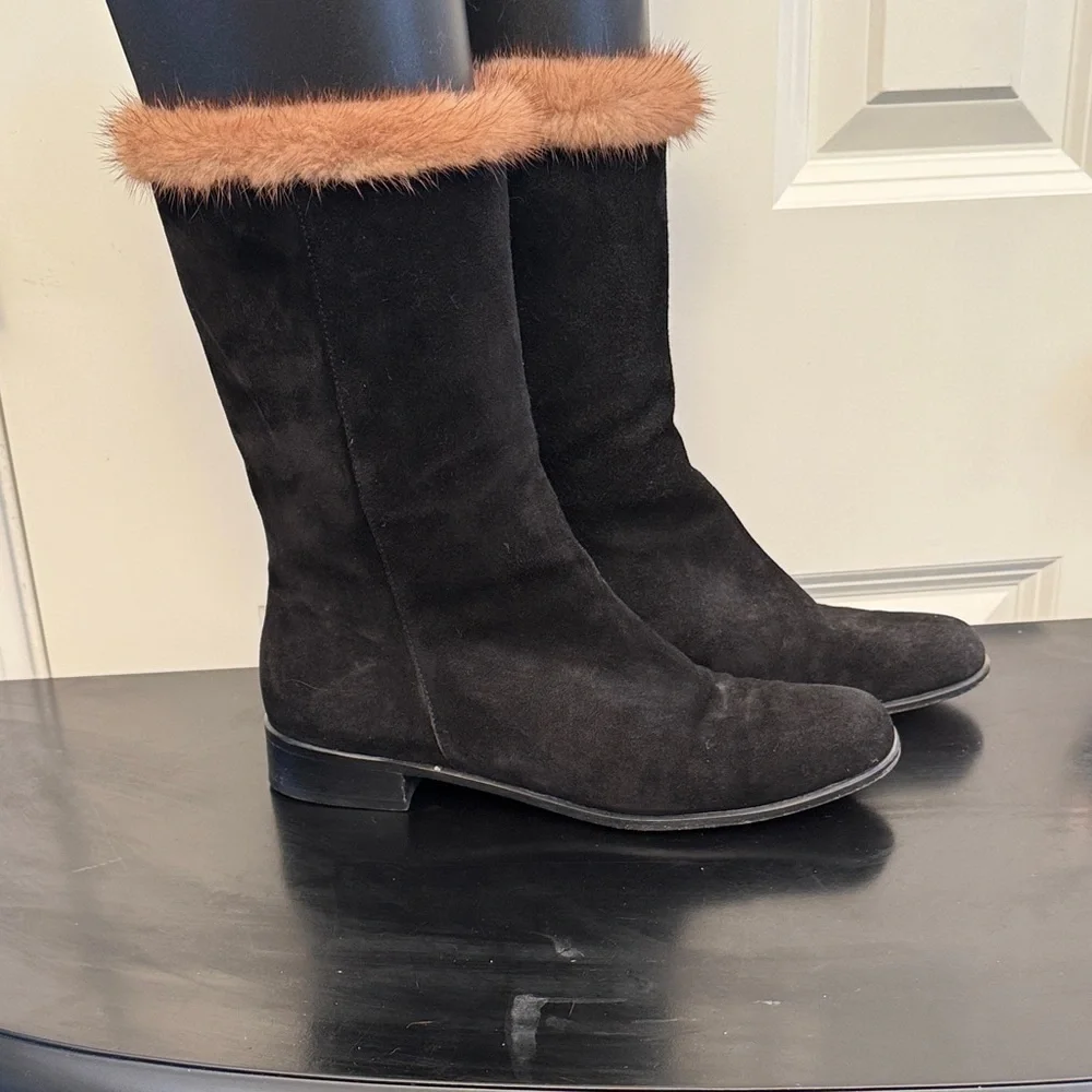Salvatore Ferragamo Black Suede Boots with Real Mink Fur Trim